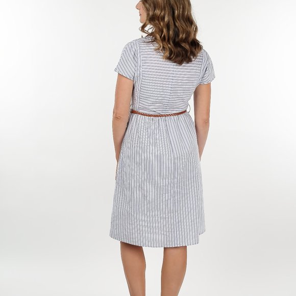 Breastfeeding Dress Cotton Gray Stripe Knee Length with Pockets and Zippers - Picture 5 of 7